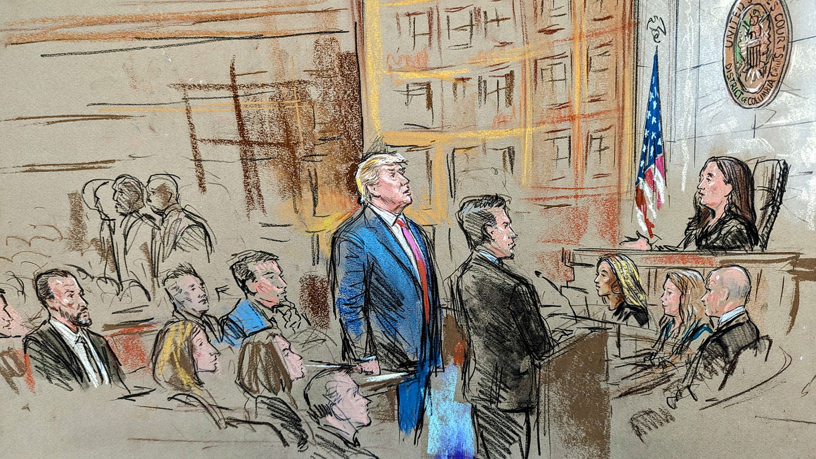 Court sketch of moment Donald Trump plead "not guilty," with special counsel Jack Smith seen on the far left.