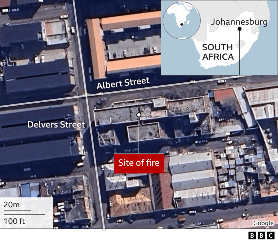 A map locates the scene of the fire in Johannesburg, South Africa