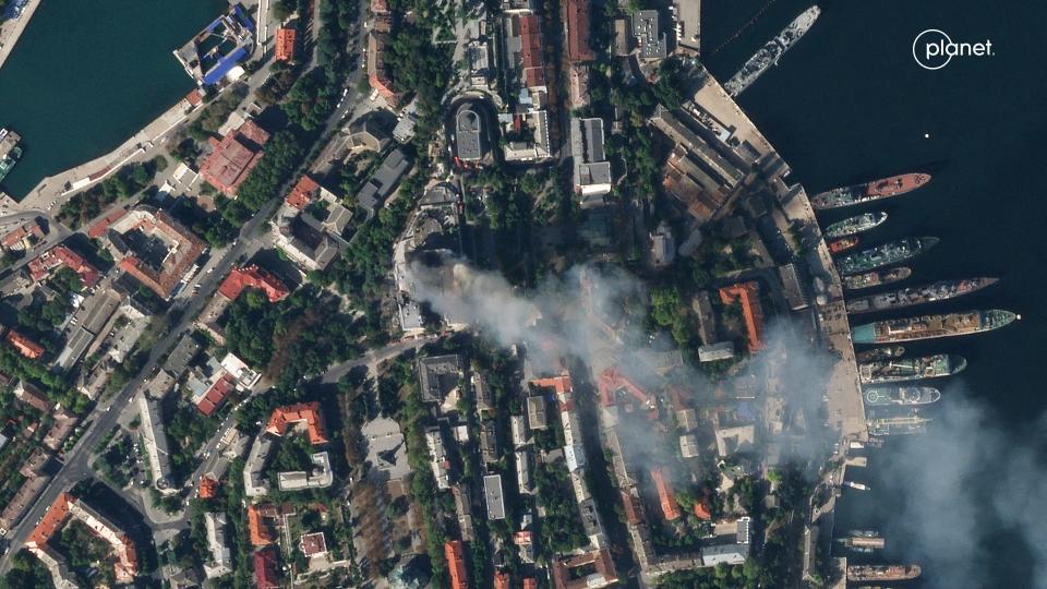 A satellite image shows smoke billowing from a Russian Black Sea Navy HQ after a missile strike, as Russia's invasion of Ukraine continues, in Sevastopol, Crimea, September 22, 2023.