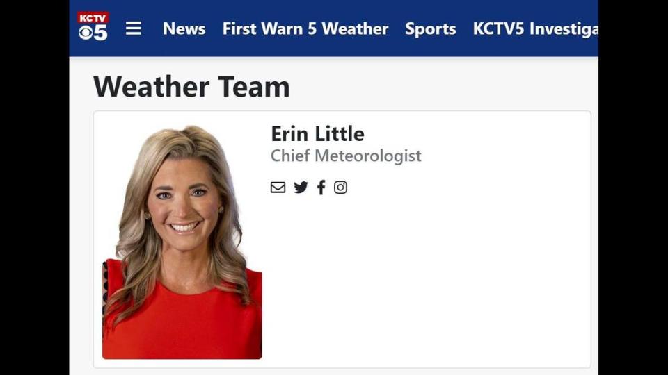 Erin Little claims in a federal gender and age discrimination lawsuit that while she continues to hold the title of KCTV5’s chief meteorologist, she has been stripped of all of her duties and responsibilities. She is still listed as chief meteorologist on the station’s website as of Friday afternoon.
