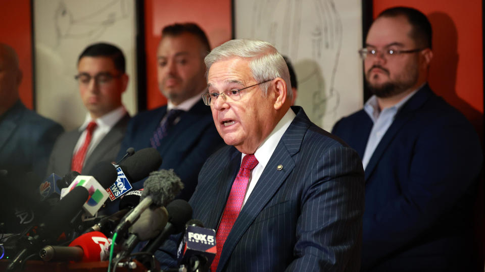 New Jersey Sen. Robert Menendez flanked by supporters is pictured during a full room press conference at the Hudson County Community College - North Hudson Campus in Union City, New Jersey, on Sept. 25, 2023.  / Credit: Luiz C. Ribeiro for NY Daily News via Getty Images