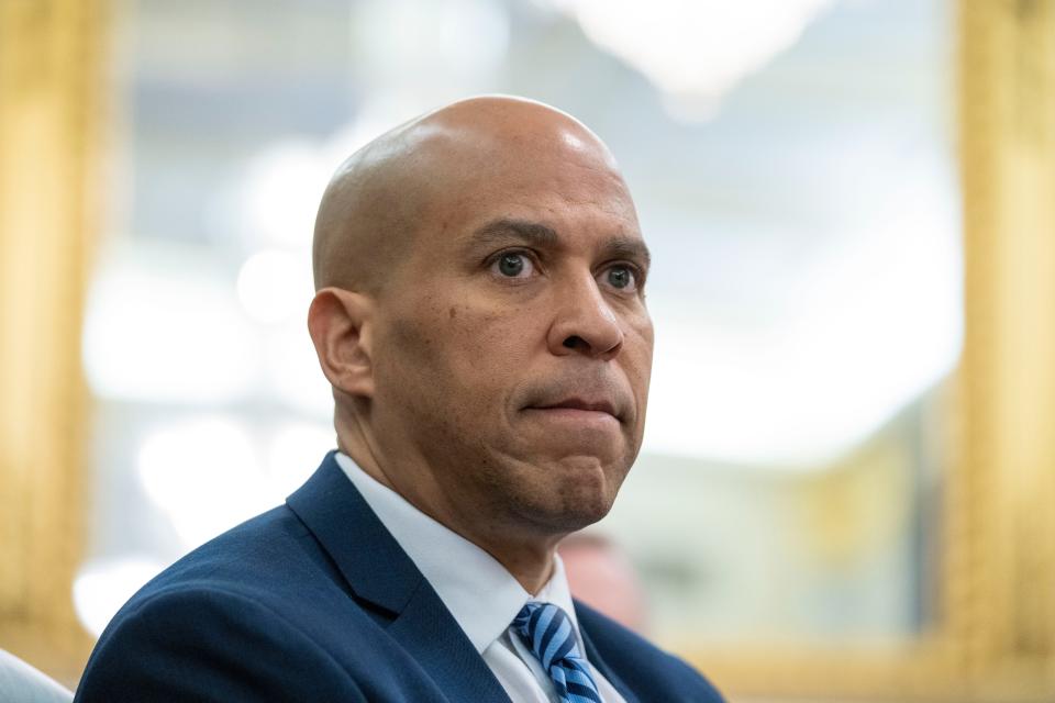 FILE - Sen. Cory Booker, D-N.J., listens during a Senate hearing on Capitol Hill, March 16, 2023 in Washington. Booker was in Jerusalem as Hamas militants attacked Israel. (AP Photo/Alex Brandon, File)