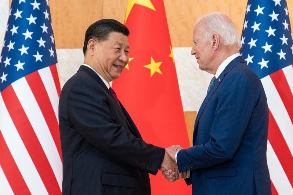 FILE - U.S. President Joe Biden, right, and Chinese President Xi Jinping shake hands before a meeting on the sidelines of the G20 summit meeting on Nov. 14, 2022, in Bali, Indonesia. Biden and Xi will hold a long-anticipated meeting Wednesday in the San Francisco Bay area. That's according to two senior Biden administration officials. (AP Photo/Alex Brandon, File) ORG XMIT: WX101