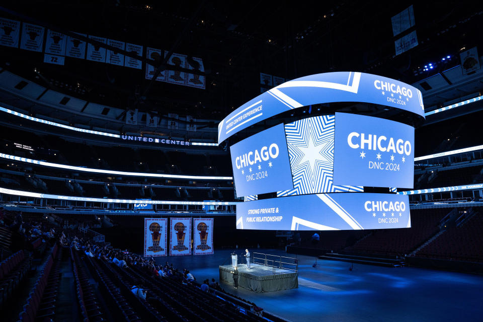 A massive display on the jumbotron at the United Center in Chicago promoting it as the site of the 2024 Democratic National Convention.